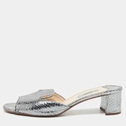 Prada Silver Snakeskin Embossed Leather Slide Sandals Size 39