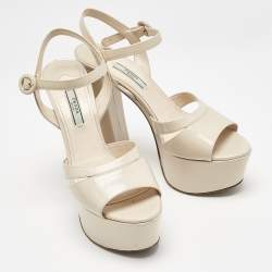 Prada Beige Patent Leather Platform Ankle Strap Sandals Size 39.5