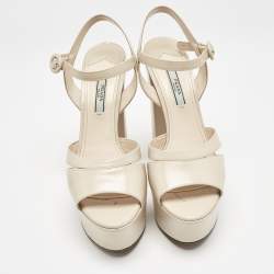Prada Beige Patent Leather Platform Ankle Strap Sandals Size 39.5