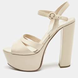Prada Beige Patent Leather Platform Ankle Strap Sandals Size 39.5