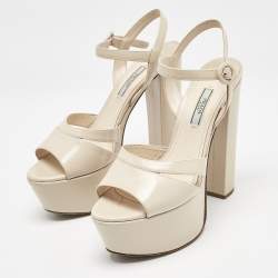 Prada Beige Patent Leather Platform Ankle Strap Sandals Size 39.5