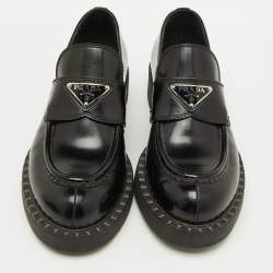 Prada Black Leather Triangle Logo Monolith Platform Loafers Size 37