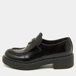 Prada Black Leather Triangle Logo Monolith Platform Loafers Size 37