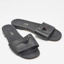 Prada Black Leather Slide Flat Sandals Size 39