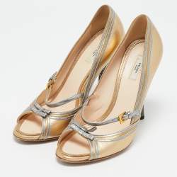 Prada Metallic Gold  Leather Peep Toe Crystal Embellished Heel Pumps Size 36