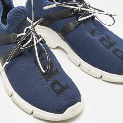 Prada Blue/Black Knit Fabric and Leather XY Logo Low Top Sneakers Size 38