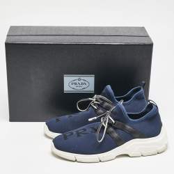 Prada Blue/Black Knit Fabric and Leather XY Logo Low Top Sneakers Size 38