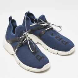 Prada Blue/Black Knit Fabric and Leather XY Logo Low Top Sneakers Size 38