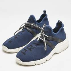 Prada Blue/Black Knit Fabric and Leather XY Logo Low Top Sneakers Size 38
