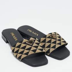 مملوكة مسبقًا Prada Black/Cream Canvas Symbole Slide Flats Size 37