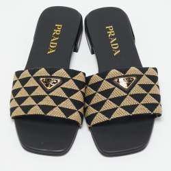 مملوكة مسبقًا Prada Black/Cream Canvas Symbole Slide Flats Size 37