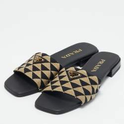 مملوكة مسبقًا Prada Black/Cream Canvas Symbole Slide Flats Size 37