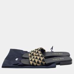 مملوكة مسبقًا Prada Black/Cream Canvas Symbole Slide Flats Size 37