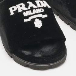Prada Black/White Velvet Logo Slide Flats Size 38