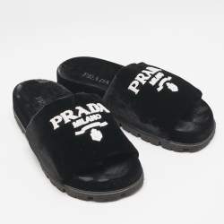 Prada Black/White Velvet Logo Slide Flats Size 38