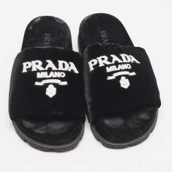 Prada Black/White Velvet Logo Slide Flats Size 38