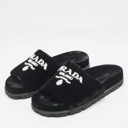 Prada Black/White Velvet Logo Slide Flats Size 38