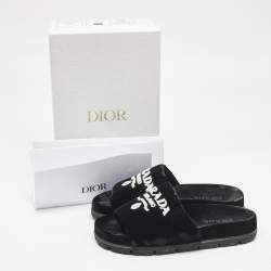 Prada Black/White Velvet Logo Slide Flats Size 38