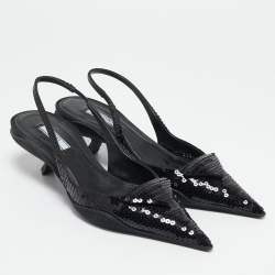Pre Owned Prada Black Sequins Logo Slingback Pumps Size 38.5