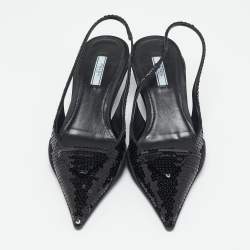 Pre Owned Prada Black Sequins Logo Slingback Pumps Size 38.5
