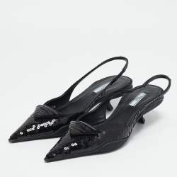 Pre Owned Prada Black Sequins Logo Slingback Pumps Size 38.5