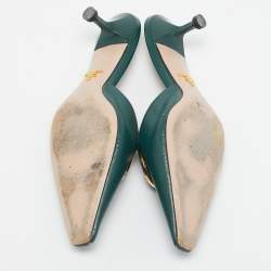 Prada Dark Green Saffiano Leather Logo Mules Size 38.5