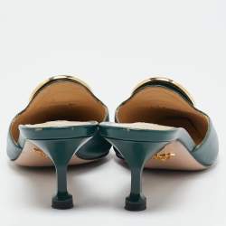 Prada Dark Green Saffiano Leather Logo Mules Size 38.5