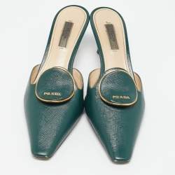 Prada Dark Green Saffiano Leather Logo Mules Size 38.5