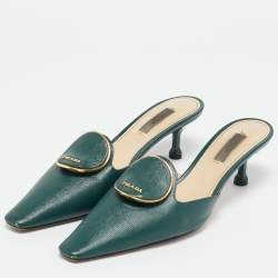 Prada Dark Green Saffiano Leather Logo Mules Size 38.5