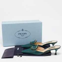Prada Dark Green Saffiano Leather Logo Mules Size 38.5