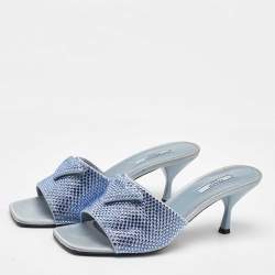 Prada Light Blue Satin Crystal Embellished Slide Sandals Size 39