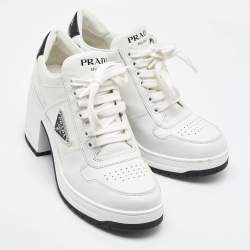 Prada White Leather Downtown High Heel Lace Up Pump Sneakers Size 39