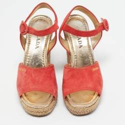 Pre Owned صندل إسبادريل برادا كانفاس بني وأحمر كعب روكي سيور متعاكسة حزام كاحل مقاس 36