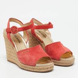 Pre Owned صندل إسبادريل برادا كانفاس بني وأحمر كعب روكي سيور متعاكسة حزام كاحل مقاس 36