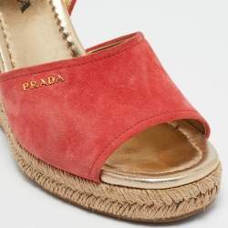 Pre Owned صندل إسبادريل برادا كانفاس بني وأحمر كعب روكي سيور متعاكسة حزام كاحل مقاس 36