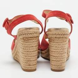 Pre Owned صندل إسبادريل برادا كانفاس بني وأحمر كعب روكي سيور متعاكسة حزام كاحل مقاس 36