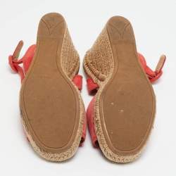 Pre Owned صندل إسبادريل برادا كانفاس بني وأحمر كعب روكي سيور متعاكسة حزام كاحل مقاس 36