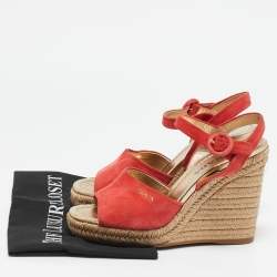 Pre Owned صندل إسبادريل برادا كانفاس بني وأحمر كعب روكي سيور متعاكسة حزام كاحل مقاس 36