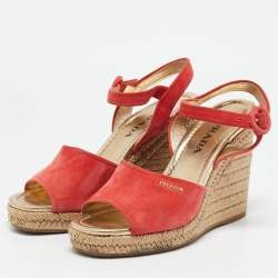 Pre Owned صندل إسبادريل برادا كانفاس بني وأحمر كعب روكي سيور متعاكسة حزام كاحل مقاس 36