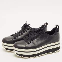 Prada Black Leather Platform Lace Up Sneakers Size 38