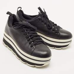 Prada Black Leather Platform Lace Up Sneakers Size 38