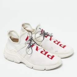 Prada White Knit Fabric Logo Low Top Sneakers Size 39