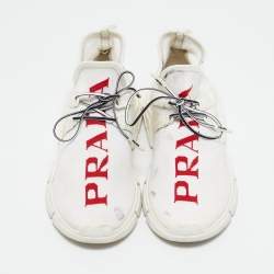 Prada White Knit Fabric Logo Low Top Sneakers Size 39
