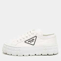 Prada White Canvas Cassetta Lace Up Sneakers Size 38
