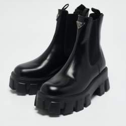 Prada Black Leather and Nylon Monolith Ankle Boots Size 38