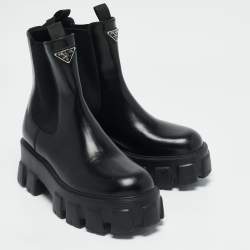 Prada Black Leather and Nylon Monolith Ankle Boots Size 38