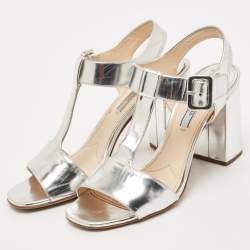 Prada Silver Leather Block Heel T-Strap Sandals Size 39