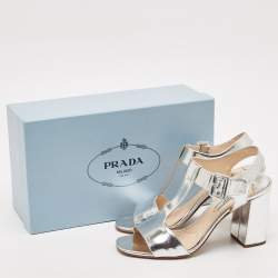 Prada Silver Leather Block Heel T-Strap Sandals Size 39
