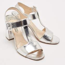 Prada Silver Leather Block Heel T-Strap Sandals Size 39