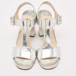 Prada Silver Leather Block Heel T-Strap Sandals Size 39